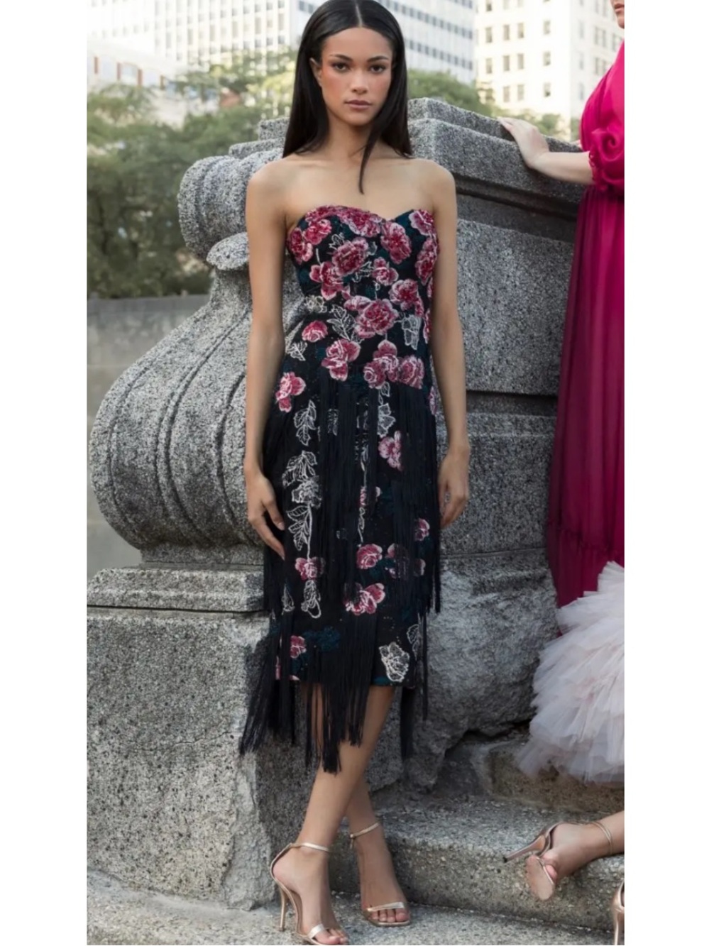 Mac Duggal Black Strapless Floral Embroidered Midi Dress With Fringe Detailing